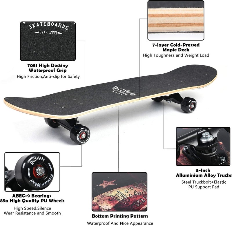 Amrgot Skateboards for Beginners,31 * 8 inches Complete Skateboards for Kids,Boys,Girls and Adults,7 Layer Maple Wood,Double Kick Deck Concave Standard and Tricks Skateboard - Image 4